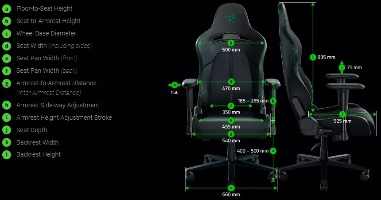 תמונה המציגה תרשים מידות של כיסא Razer Enki X 
