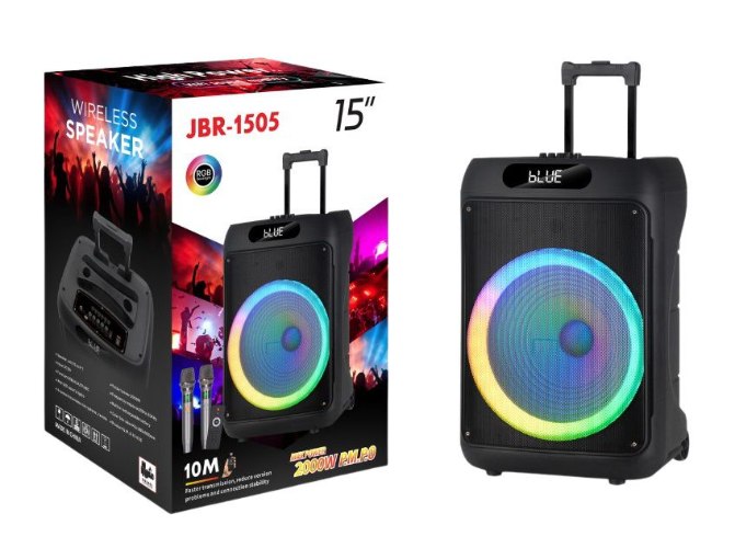 בידורית קריוקי ניידת 15 אינץ' עם תאורת RGB ,זוג מיקרופונים אלחוטיים וסאונד עוצמתי – דגם JBR-1505