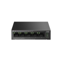 מתג שולחני TP-Link 5 Port Gigabit with 4-Port PoE+ LS105GP – פריט בודד של מתג רשת שחור עם חמישה פורטים קדמיים על רקע לבן