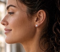 עגילי זהב צהוב 14K צמודים לאוזן בשיבוץ אבן אופל לבנה