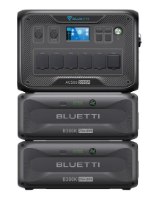 מארז תחנת אם וסוללת הרחבה Bluetti AC500 + 2x B300K – תחנת כוח אפורה כהה עם מסך ושתי סוללות הרחבה מוערמות USB-C
