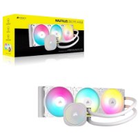 קירור נוזלי למעבד צבע לבן Corsair NAUTILUS 360 RS ARGB – מערכת הקירור המוארת עם תאורת ARGB מוצגת על רקע אריזת המוצר הצהובה