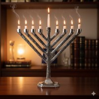 חנוכייה מרוקעת אלומיניום גימור מבריק, צבע כסף, 26 ס"מ