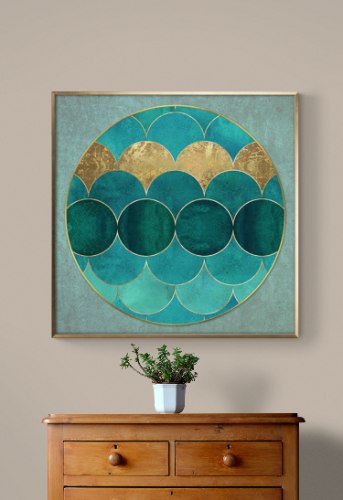 "Turquoise luxury" תמונת קנבס מרובעת בעיצוב יוקרתי של אבסטרקט גיאומטרי מעגלי בצבע טורקיז זהב ותכלת