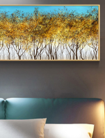 תמונת קנבס מעוצבת הדפס חורש עצים אבסטרקטי "לבלוב הזהב" | תמונה גדולה לבית | תמונת קנבס לרוחב