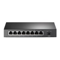 מתג שולחני Tp-Link TL-SG1008P 8-Port Gigabit Switch – פריט בודד מתג חוטי שחור המציג את שמונת פורטי ה-RJ45 ואת חיבור החשמל