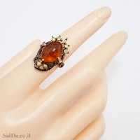 טבעת כסף בשילוב ענבר בלטי אמיתי צבע קוניאק וציפוי עדין של גולדפילד RG8933