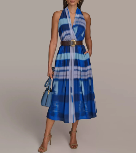 DONNA KARAN NEW YORK Women's Dress Sz 12 Printed Belted A-Line