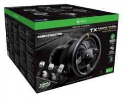 הגה מירוצים עם דוושות Thrustmaster TX-RW Leather Edition Feedback Xbox One/SERIES X/S/PC – קופסה שחורה וירוקה מציגה תמונה