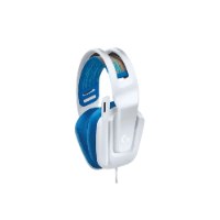אוזניות גיימינג חוטיות צבע לבן Logitech G335 – שם המוצר המלא אוזניות לבנות עם כריות אוזניים ורצועת ראש כחולות