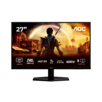מסך 27 אינץ' Aoc Q27G42ZE – HDMI מסך שחור יחיד המציג סצנת משחק עם פרטי מפרט מודגשים בתחתית המסך