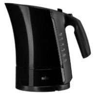 קומקום חשמלי בצבע שחור Braun WK-300B – צבעו שחור מבריק עם ידית ומד מים שקוף על רקע לבן