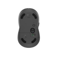 עכבר אלחוטי אפור Logitech Signature M650 – תחתית העכבר נראית על רקע לבן כוללת חיישן אופטי ומתג הפעלה ירוק