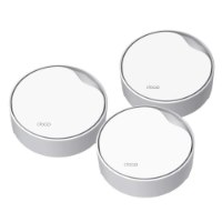 מגדיל טווח יחידות Tp-Link Deco X50-PoE AX3000 Mesh 3 – שלוש יחידות לבנות ועגולות של נתב Mesh המוצגות יחד על רקע לבן Wi-Fi
