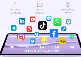 טאבלט בגודל ''Oukitel OT6 Pro 4GB + 128GB 10.1 – הטאבלט מוצג עם אייקוני אפליקציות רבים מרחפים מעליו ונתוני חומרה