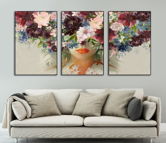 מוצר חם! הדפס על קנבס מחולק לשלושה - פני אישה ופרחים באפקט ציור בצבעי מים "ריח הפרחים על פניי"