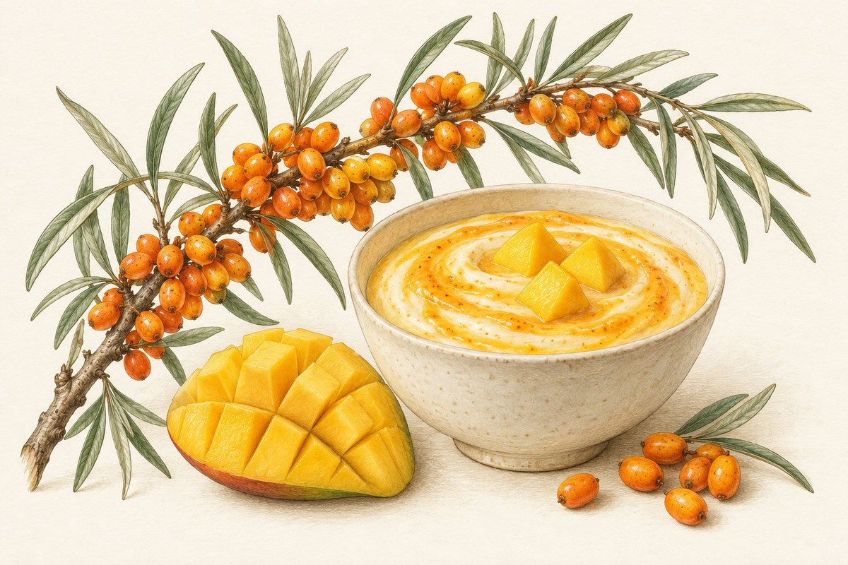 ענף אובליפיחה עם פירות כתומים וקערת יוגורט ומנגו