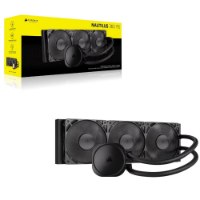 קירור נוזלי למעבד צבע שחור Corsair Nautilus 360 RS – מערכת הקירור השחורה עם שלושה מאווררים והמשאבה מונחת לצד אריזתה הצהובה