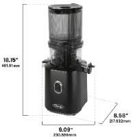 מסחטת מיצים Omega Multi Batch – מסחטה שחורה עם מידות גובה, רוחב ועומק