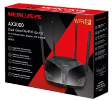 ראוטר Mercusys AX3000 Dual-Band WiFi 6 MR80X – אריזת המוצר עם תמונה גדולה של הראוטר השחור