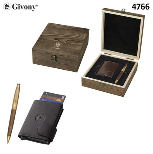 מארז מתנה מעץ GIVONY גבעוני דגם GV-4766 עבור עט וקופסא לכרטיס ביקור , הצגנו גם מחיר כולל ארנק בטיחות דגם GV4426 חום/שחור ועטי טימבר XP692/693