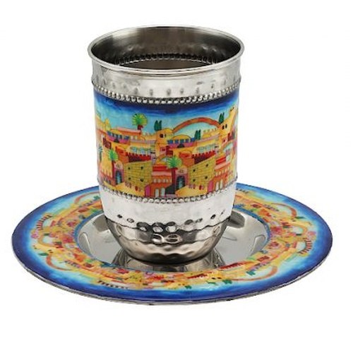 כוס קידוש + תחתית מתכת בשילוב ציור ירושלים
