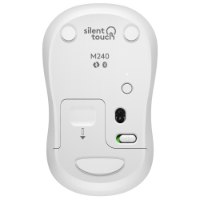עכבר אלחוטי צבע לבן Logitech M240 Silent – תחתית העכבר האלחוטי הלבן נראית עם חיישן אופטי ומתג הפעלה ירוק