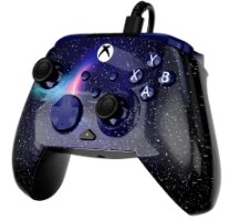 בקר משחק חוטי Turtle Beach Rematch Advanced Wired Dark Cosmos – מבט עליון על הבקר בעיצוב חלל עם כבל.
