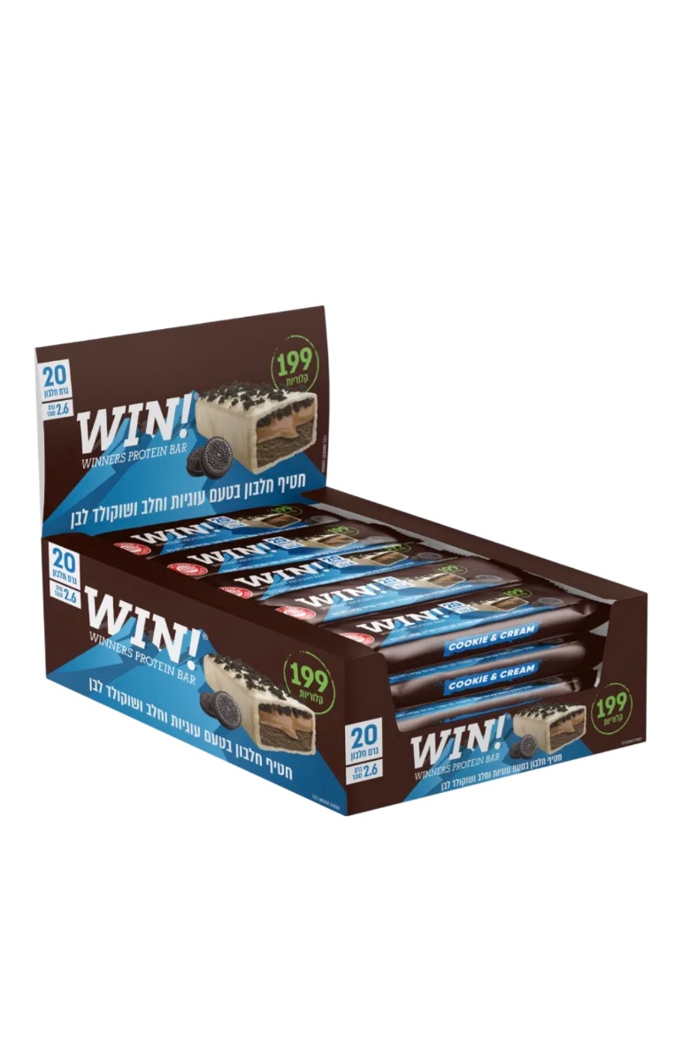 מארז 12+1 חטיפי חלבון WIN בטעם בטעם עוגיות וחלב, שוקולד לבן ושברי עוגיות קקאו