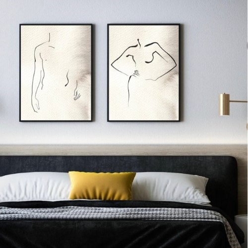 זוג תמונות קנבס אבסטרקטי בסגנון line art סילוא גבר ואישה באוירה רומנטית "Body Line" |תמונות לבית