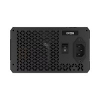 ספק כוח Corsair HX1200I 1200W Platinum Fully Modular – ספק כוח כהה המציג גריל אוורור מתג הפעלה ושקע חשמל