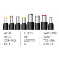 מטען אוניברסלי למחשב נייד FSP Notebook Universal Adapter 65W Twinkle – שבעה מתאמים שונים ורשימת מותגי מחשבים על רקע לבן