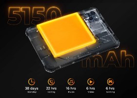 טאבלט קשיח Oukitel RT3 Pro 128GB 4GB RAM 4G – אינפוגרפיקה המציגה טאבלט שקוף עם סוללה כתומה מוארת ונתוני 5150mAh NFC