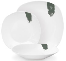 סט כלי אוכל פורצלן 18 חלקים Berlinger Haus BH10205 – שלושה כלי אוכל פורצלן לבנים מלבניים עם קצוות מעוגלים ופס משיחה ירוק כהה