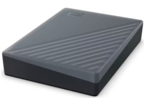 כונן קשיח חיצוני Western Digital My Passport 5TB USB-C – פריט בודד בצבע אפור עם חלק עליון בעל טקסטורה אלכסונית