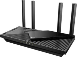 ראוטר TP-Link AX3000 Dual Band Gigabit Wi-Fi 6 Archer AX55 – מכשיר שחור, 4 אנטנות, נורות דולקות.