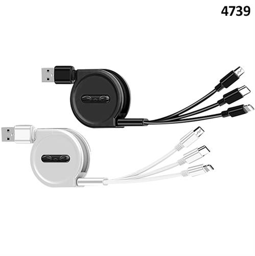 כבל 3in1 בגלגלת, טעינה מהירה 2.4A באורך1.2מ'  Type-C/ IPhone/Adroid    דגם 4739
