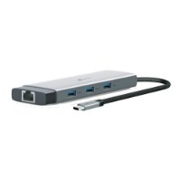 מפצל Tp-Link UH9120C USB Type-C 9-in-1 – פריט בודד כסוף עם יציאת רשת USB וכבל Type-C מחובר עם USB-C
