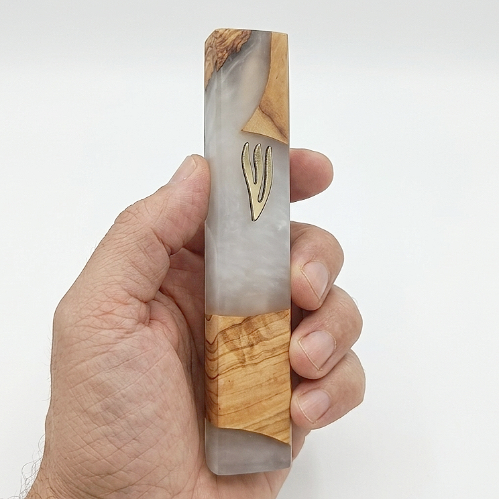 One-of-a-Kind Mezuzah Case – Olive Wood & White