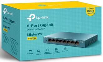 מתג שולחני TP-Link 8 Port 10/100/1000Mbps LS108G – אריזה כחולה עם מתג 8 פורטים המוצג עליה.