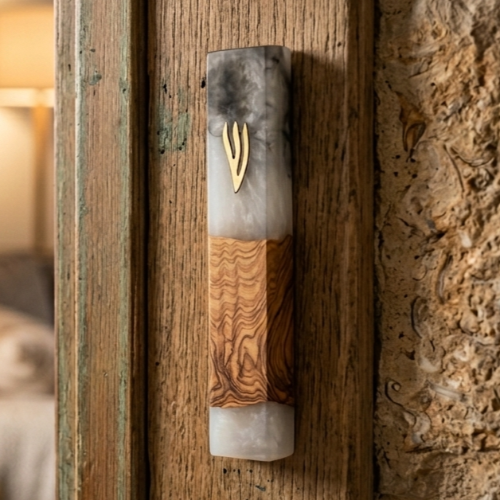 Artistic Olive Wood & White Epoxy Mezuzah Case