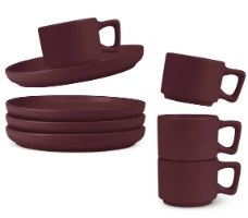 סט כוסות אספרסו וצלוחיות 8 חלקים Berlinger Haus BH10017 Stoneware – כוסות וצלוחיות אספרסו בצבע בורדו מט על רקע לבן