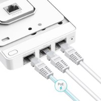 נקודת גישה Omada EAP235-Wall Access Point – יחידה לבנה עם פורטים חוטיים אליהם מחוברים כבלים וסימון PoE