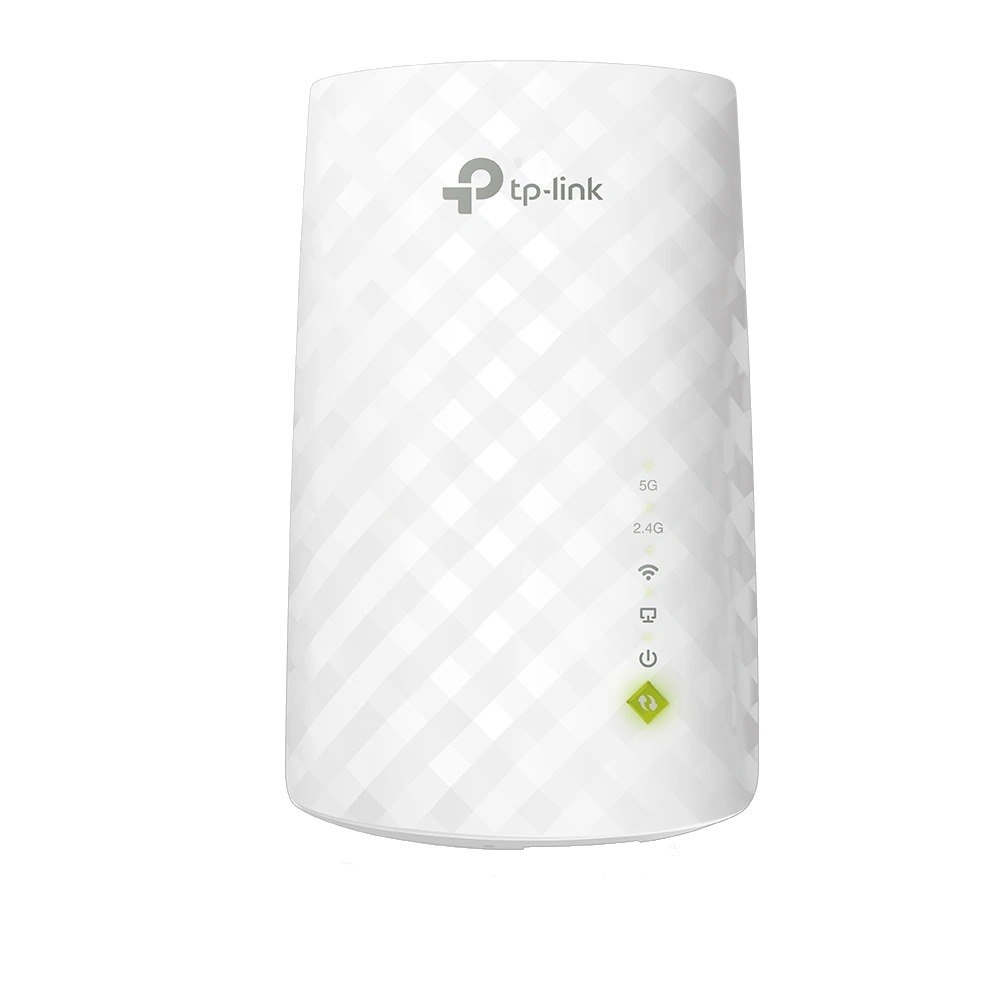 מגדיל טווח אלחוטי Tp-Link RE220 AC750 Mesh Wi-Fi Range Extender – יחידה לבנה אחת עם לוגו TP-Link ומחוון רשת ירוק