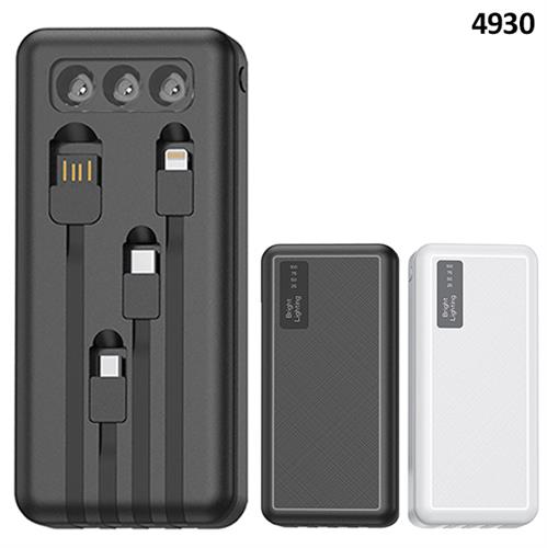 פאוור בנק עם 4 כבלים מובנים בגוף המטען 20,000mAh טעינה מהירה, שתי כניסות, 4 יציאות, פנס תלת-לד עוצמתי דגם 4930