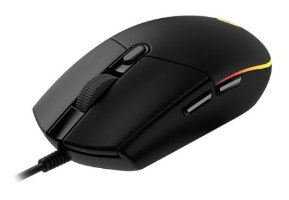 עכבר גיימינג חוטי Logitech G102 Lightsync – עכבר שחור עם גלגלת, כפתורים ופס תאורת RGB.