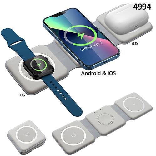 קומבו - מטען אלחוטי משולב 15W מהיר לטלפון נייד Android & iOS , לאוזניות ולשעוני אפל , דגם 4994