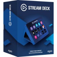 בקר שליטה Elgato Stream Deck MK2 – הבקר השחור מונח על אריזתו הכחולה מציג 15 מקשים מוארים עם אייקונים שונים
