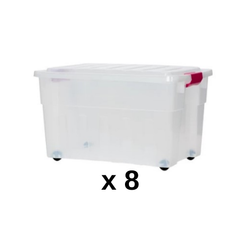 חבילת ארגזי אחסון | 8 יחידות של ארגז אחסון 60 ליטר | פלסטיק איכותי עם סגירה וגלגלים