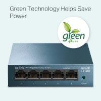 מתג שולחני Tp-Link LS105G 5-Port Desktop Switch – מתג כחול עם חמישה חיבורי RJ45 וכיתוב על טכנולוגיה ירוקה